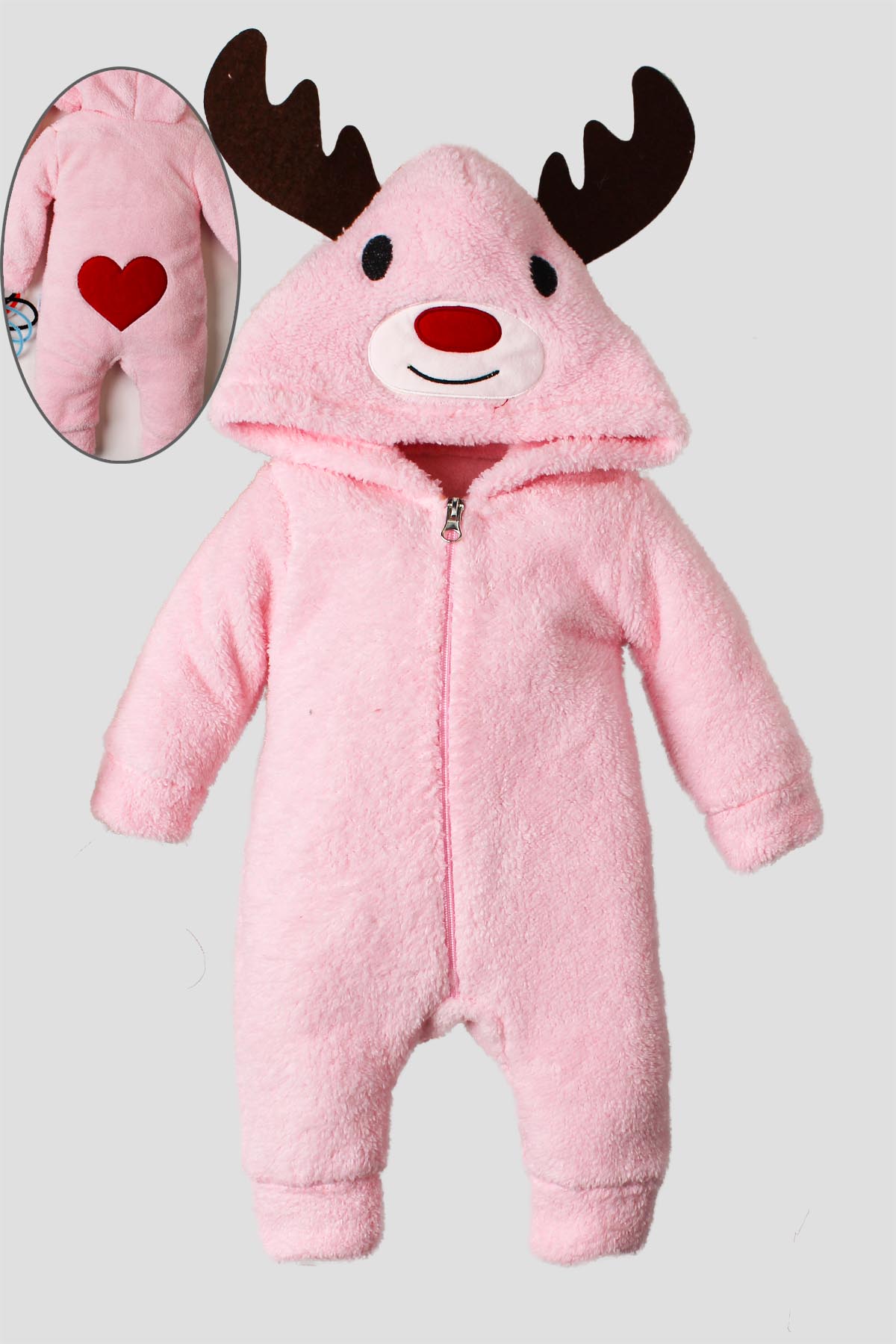Kapüşonlu Peluş Geyik Figürlü Tulum Pembe Kırmızı Kahve 0-12 Ay
